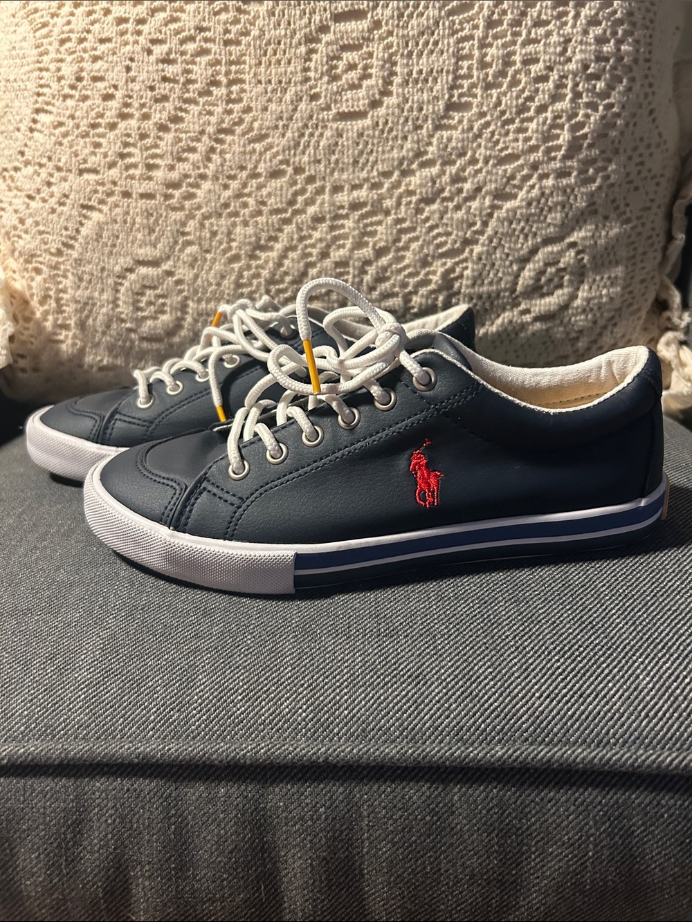 Kids Polo by Ralph Lauren Navy Leather Low-Top Sneakers with Red Pony NEW